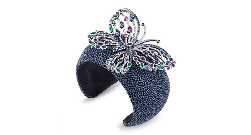 <strong>Best Use of Platinum and Color.</strong> Roland Krainz of Krainz Creations’ platinum “Emergence” cuff bracelet featuring sapphires (9.23 total carats), emeralds (1.41 total carats), rubies (1.08 total carats) and diamonds (1.17 total carats) set on a stingray cuff