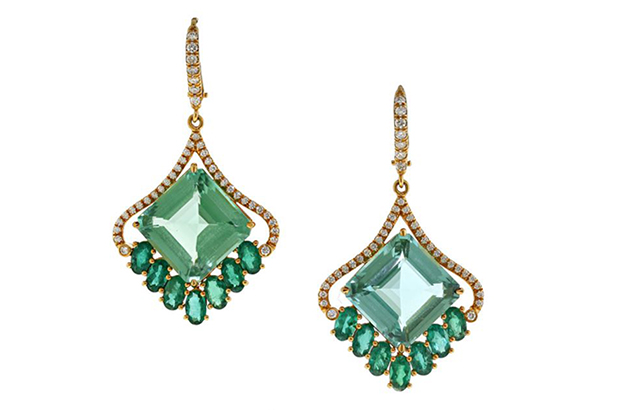 These earrings from Bella Campbell of the Campbellian Collection won the Best Use of Color Award. The 18-karat yellow gold earrings feature blue-green tourmalines accented with emeralds.