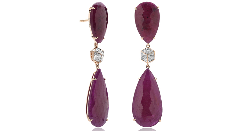 <a href="http://www.paolocostagli.com" target="_blank" rel="noopener noreferrer">Paolo Costagli</a> one-of-a-kind ruby slice earrings with pave-set diamonds set in 18-karat rose gold (price available upon request) 