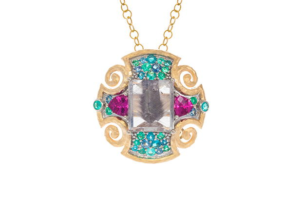 Froman’s “Colorful Crush” pendant boasts a platinum rutile center with hot pink tourmaline trillions and multi-colored Paraiba tourmaline, made in 18-karat yellow and white gold ($21,000 for the pendant only). 