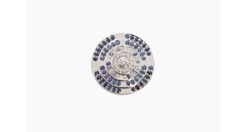 The “Bradshaw” in 18-karat white gold with blue sapphire and diamond ($5,500)