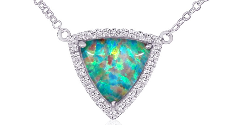 Color Merchants 14-karat gold trillion-cut opal pendant with diamonds ($989)<br /><a href="http://www.colormerchants.com" target="_blank" rel="noopener noreferrer">ColorMerchants.com</a>