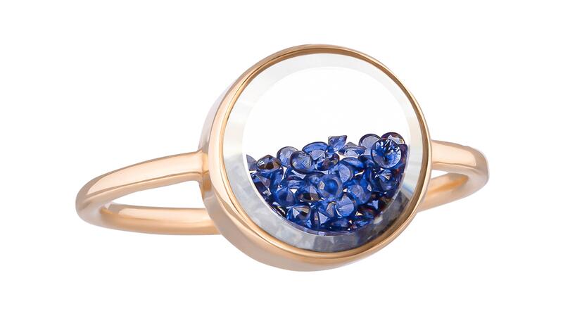 Moritz Glik blue sapphire shaker ring in 18-karat yellow gold, available at Broken English Jewelry