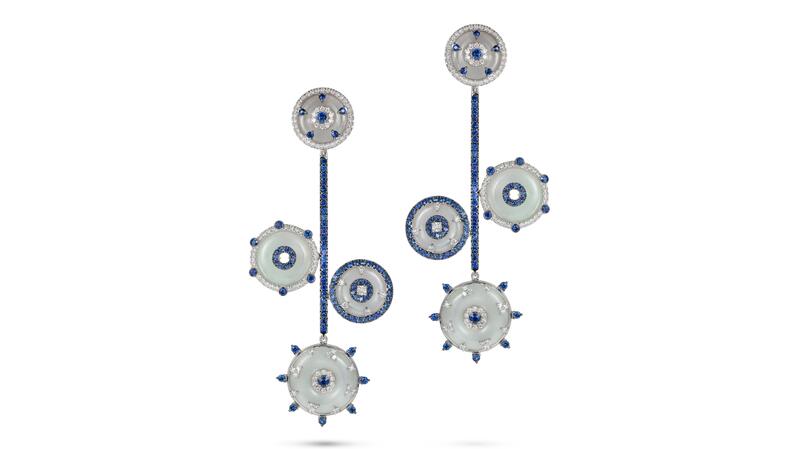 Nadine Aysoy Celeste blue sapphire, jade and diamond earrings in 18-karat white gold