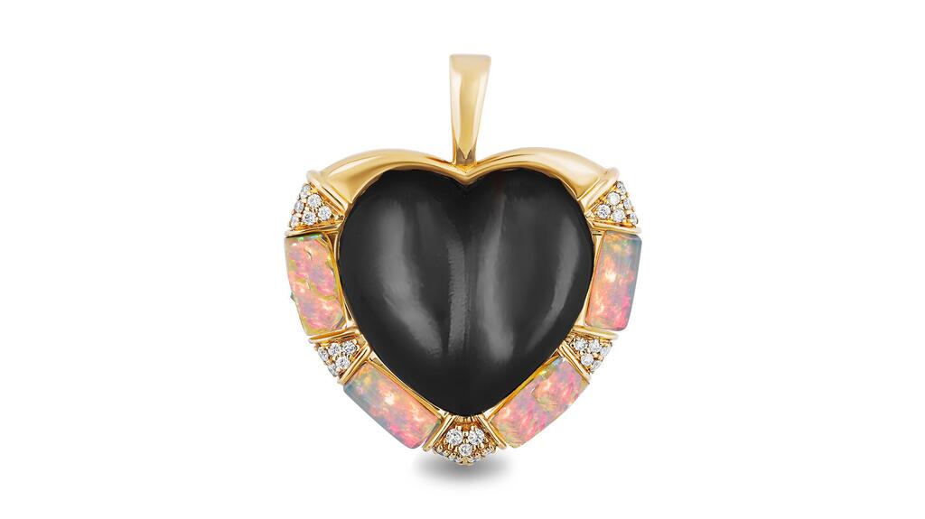 Mason and Books "Large DNA Heart Pendant" in 14-karat yellow gold with black onyx, Ethiopian opal, and diamonds ($5,815)