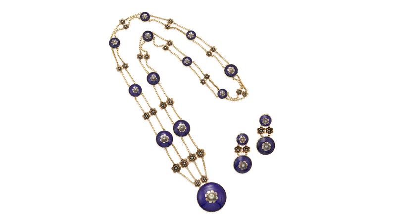 Enamel gold and diamond station necklace and earrings