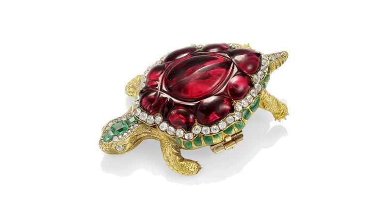 garnet, diamond, green guilloché enamel and emerald turtle brooch