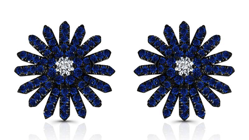 Rahaminov blue sapphire earrings set in 18-karat white gold and black rhodium