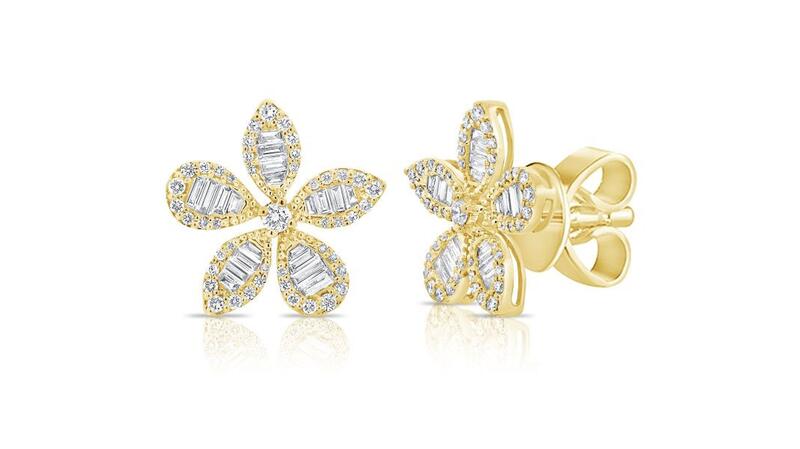 770 Fine Jewelry 14-karat yellow gold baguette-cut and pavé small diamond flower studs