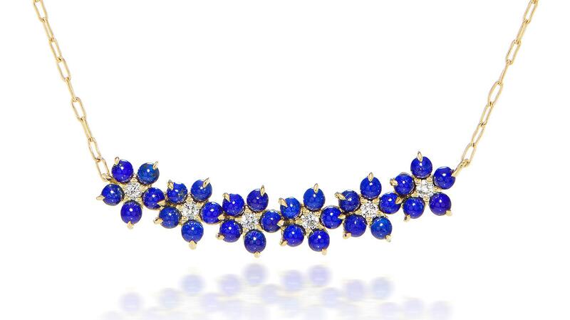Jane Taylor 14-karat yellow gold, lapis lazuli, and diamond floral bar necklace