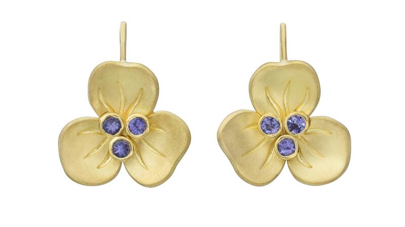 Lauren K tanzanite “Pansy Earrings” in 18-karat yellow gold