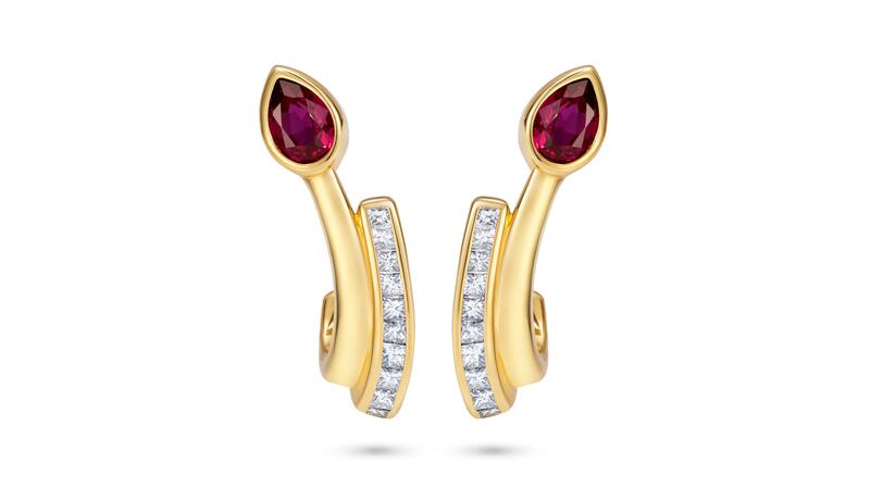 Nadine Aysoy 18-karat yellow gold, diamond, and pear-cut ruby “Le Cercle” ear climbers ($8,005)