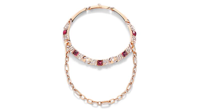 Pomellato high jewelry Castello choker with removable chain in rose and white gold with rubellite and diamonds