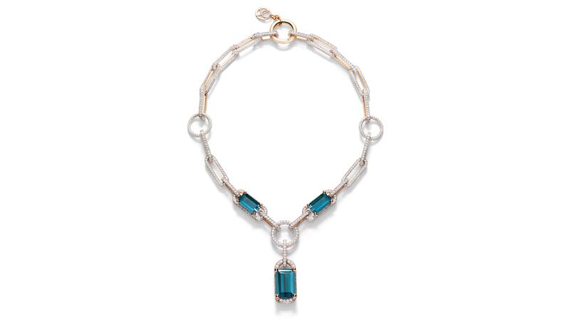 Pomellato high jewelry Giardini Verticali necklace in rose and white gold with tourmalines and diamonds