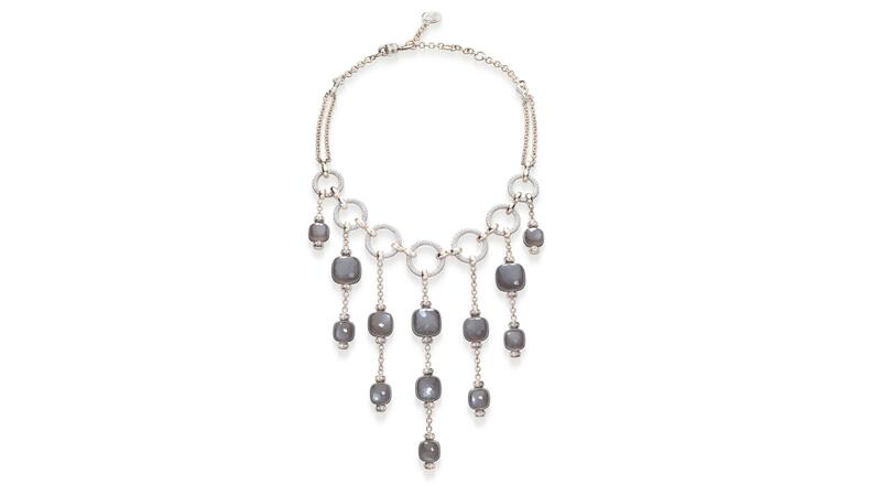 Pomellato high jewelry Nudo Cascade necklace in white and yellow gold with diamonds and gray moonstones