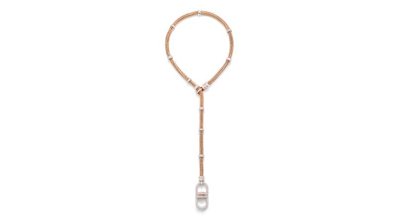 Pomellato high jewelry Catena Milano lariat chain necklace in rose and white gold with diamonds